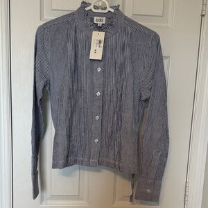 bobi Navy and White Ruffled Collar Striped Button-Up